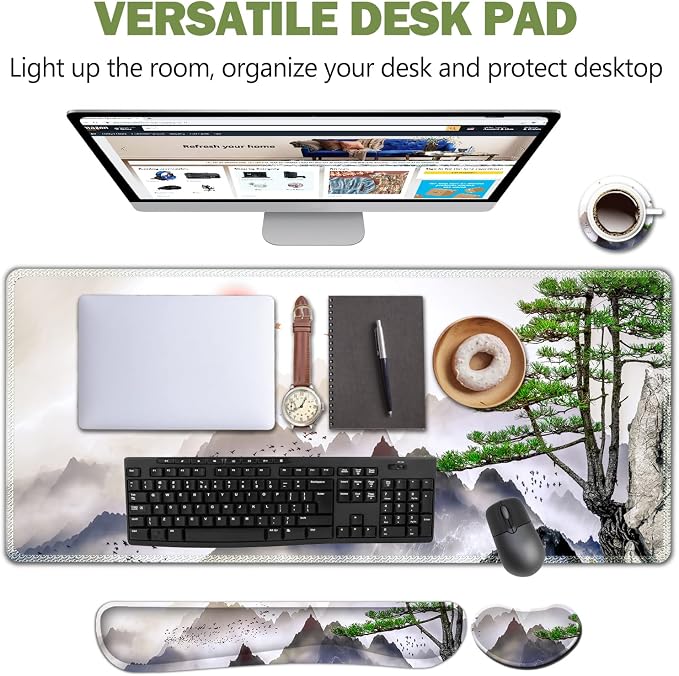 AIMSA Large Gaming Mouse Pad Set, Keyboard Wrist Rest Support + Extended Mouse Pad + Mouse Wrist Cushion + Coaster, Ergonomic Memory Foam Desk Mat 35x15.7in Anti-Slip Base (Pine Tree Mountains) - Image 2