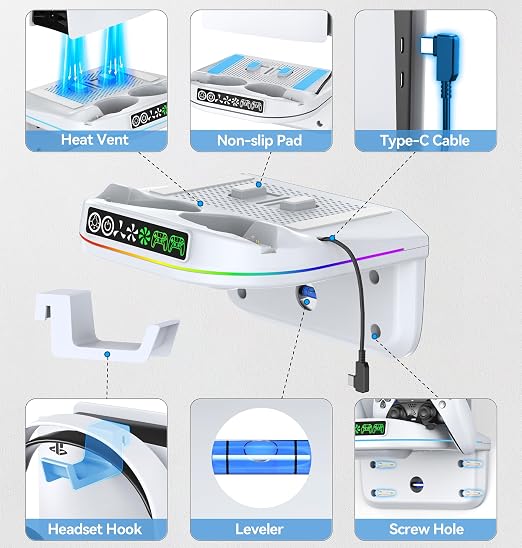 P5 Wall Mount Kit Cooling Station with Dual Controller Charger, Floating Shelf Behind TV for P5/Slim/Pro, Wall Bracket Compatible with P5 Disc & Digital, 9 RGB Lights P5 Fan Accessories, White - Image 6