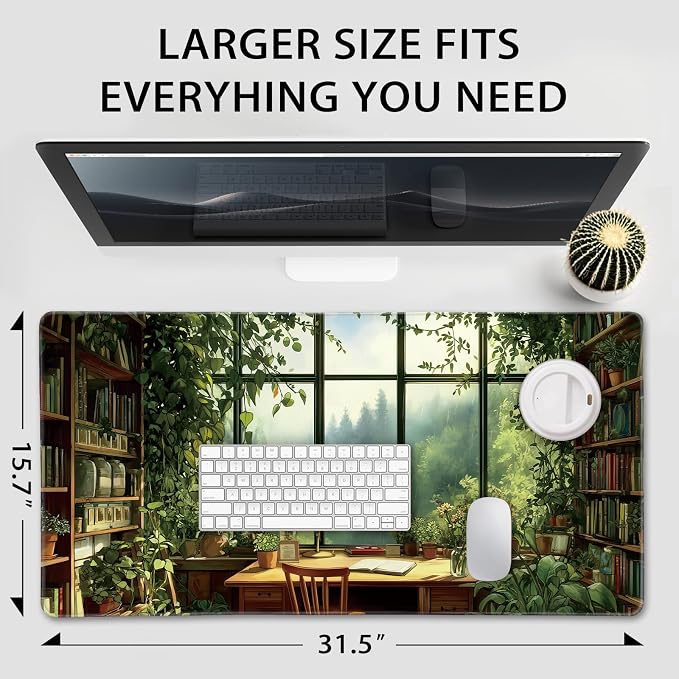 Green Study Room Large Gaming Mouse Pad Desk Mat 31.5"x15.7" | Extended Mousepad, Non-Slip Rubber Base , Stitched Edges, for Computer/Laptop/Office/Home - Image 4