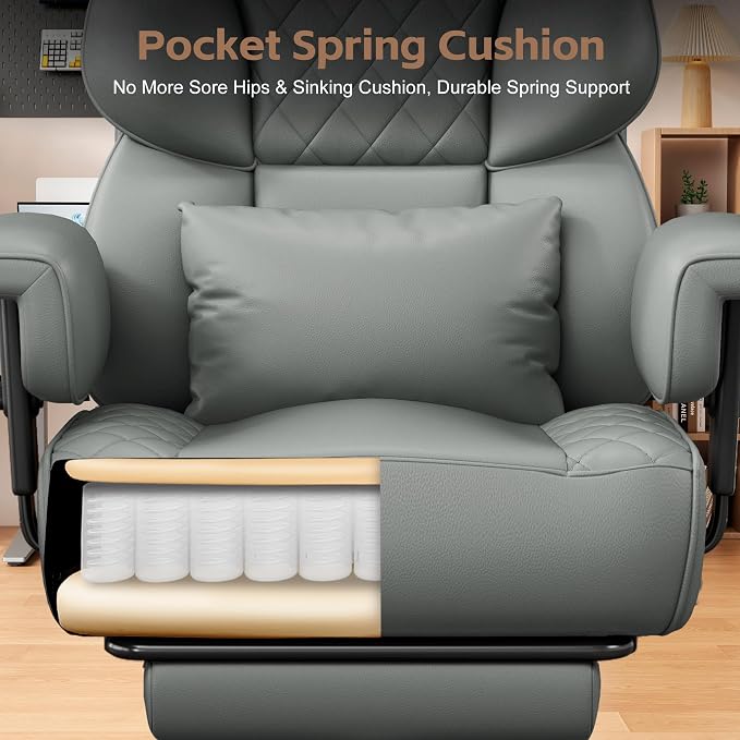 Vonesse Office Chair, Desk Chair with Soft Adjustable Armrests, Ergonomic High Back Gaming Chair with Lumbar Support, Executive Computer Chairs with Footrest (PU Leather, Gray) - Image 6