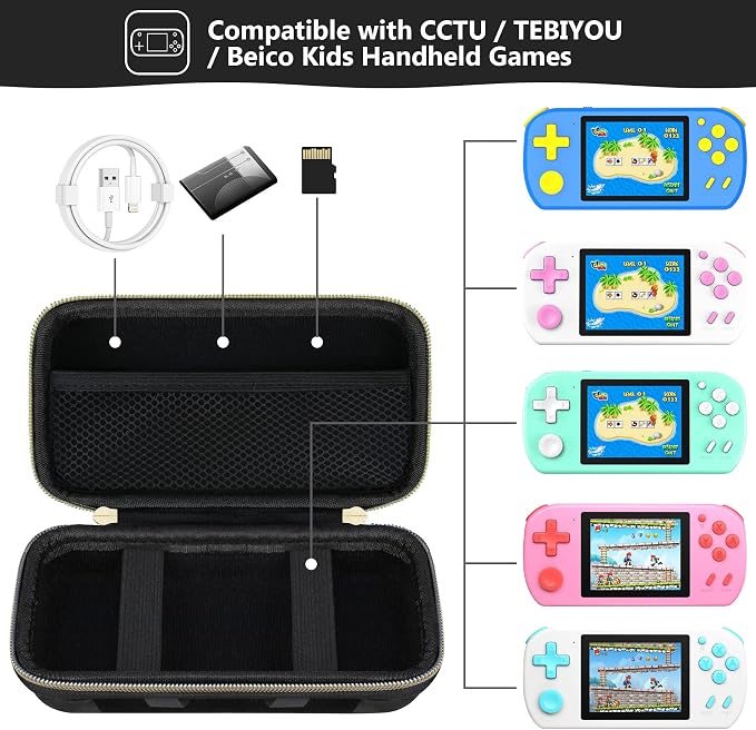 Supmay Carrying Case Compatible with CCTU / TEBIYOU Kids Handheld Games Preloaded 218 Retro Video Games, Portable Gaming Electronic Toys Storage Holder Travel Bag with Mesh Pocket, Black(Cube) - Image 2