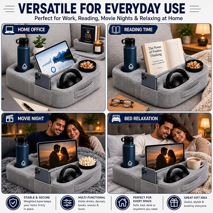 Couch Cup Holder Pillow for Sofa and Bed, 5 Pocket Drink Holder Caddy for Phone, Remote, Tablet and Game Controller, Spill Resistant Cup Holder for Couch, Car, RV and Camping - Image 6