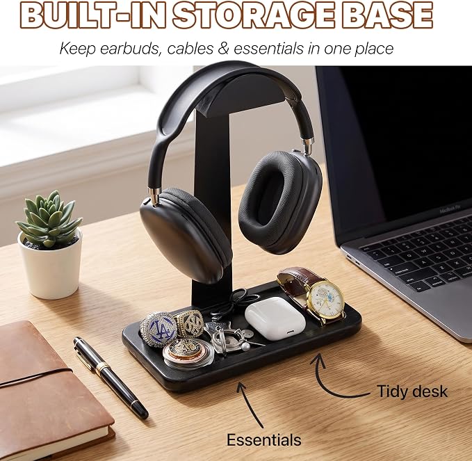 Gift for Men Headphone Stand with Storage Base, Stylish Headset Holder Gamer Gifts for Gaming & Desk to Keep Accessories Organized, Unique Gifts for Teenage Boy Brother on Birthday (Black Wood) - Image 5