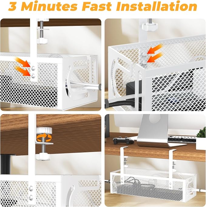 Under Desk Cable Management Tray, 15.7'' No Drill Steel Desk Cable Organizers, Wire Management Tray Cable Management Rack (1 Pack-White) - Image 6