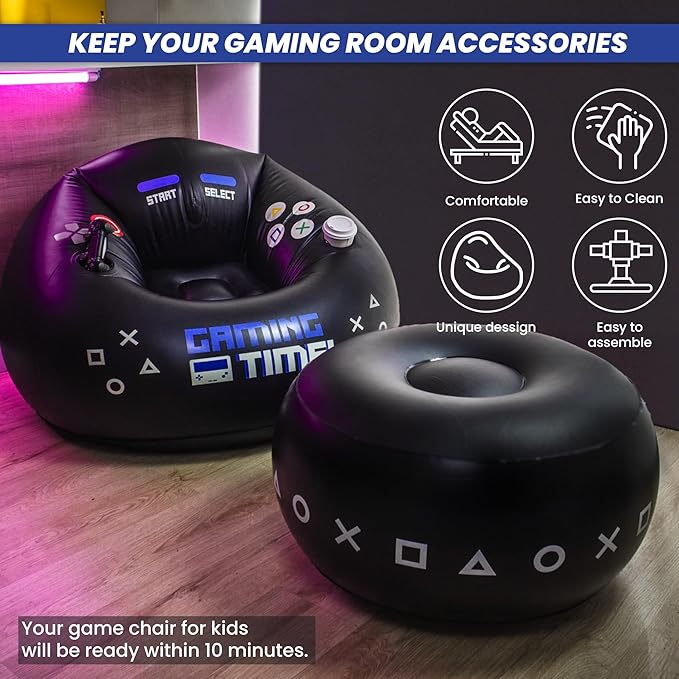 FranFusion Inflatable Gaming Chair for Kids & Teens with Cup Holders and Side Pocket - This Air Bean Bag Game Chair is The Perfect Furniture for Gamer Room Décor (Gaming Time with Ottoman) - Image 4