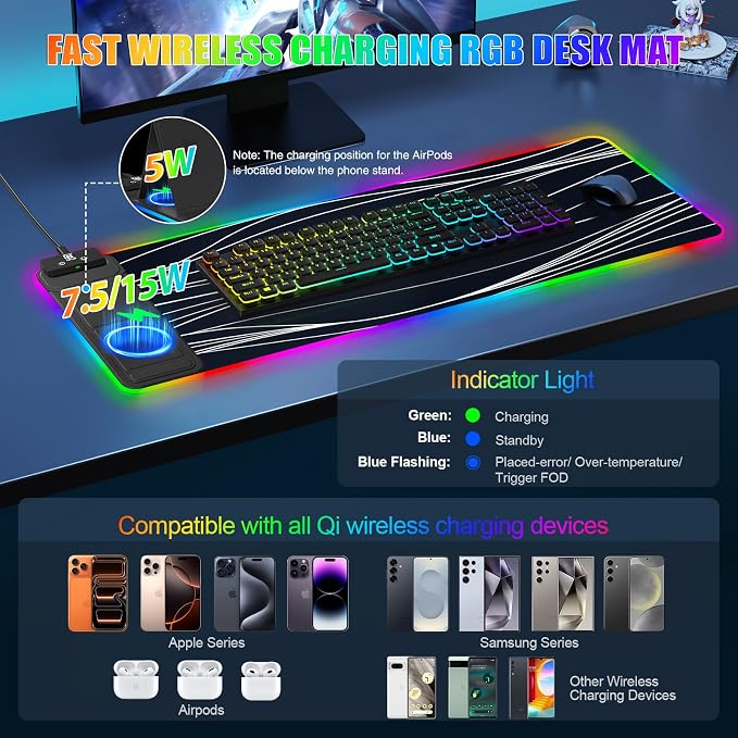 Mouse Pad with Foldable Phone Holder & Wireless Charger, XL RGB Gaming Mousepad 31.5"x11.8" Large Desk Mat for Keyboard, Home Desk Pad with Dual Qi Charging Station | 11 Colors & 5 Modes | Waterproof - Image 2