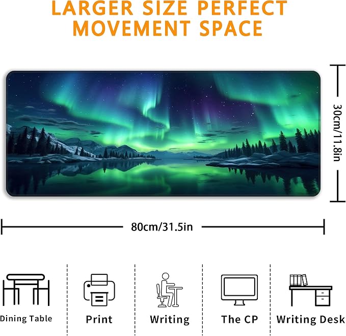 Green Aurora Desk Mat, XL 31.5"x11.8" Large Mouse Pad, Aesthetic Extended Gaming Mouse Mat,Non-Slip Rubber Base Waterproof with Stitched Edges for Gaming Office Home Decor - Image 3