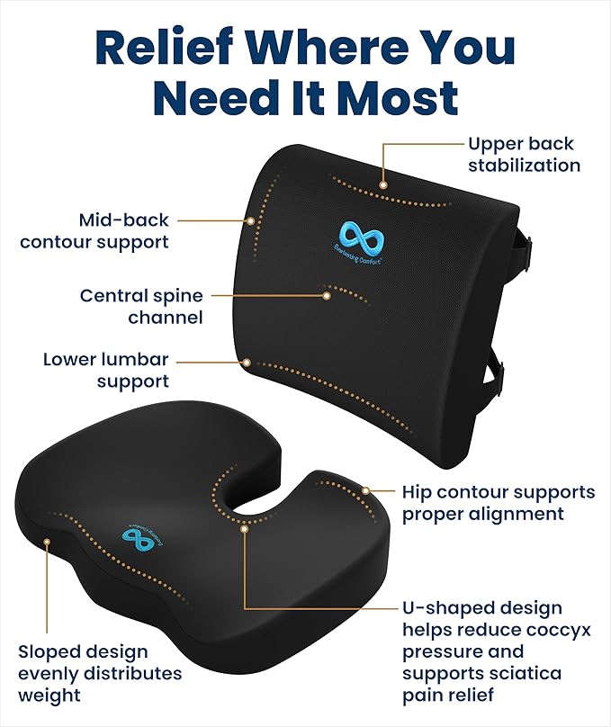 Everlasting Comfort Doctor Recommended Memory Foam Seat Cushion for Office Chairs & Car - Ergonomic Office Desk Accessories - Cushions for Tailbone Pain Relief, Sciatica (Black Airflow Lumbar, Large) - Image 3