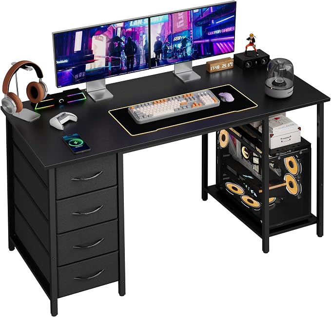 Grandder Computer Desk with 4 Drawers, 47 Inch Office Desk with Storage, Gaming Desk with CPU Shelves, Writing Desk Work Desk for Home Office, Study, Bedroom, Work from Home, Black by Grandder