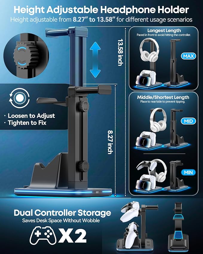 Gaming Headset & Controller Stand, Rotating Headphone Storage with 2 Controllers and Phone Holder, 9‑Color RGB Game Desk Storage for PS5/PS4/XBOX, PC Gamer Essentials Organizer Gift Accessories - Image 3