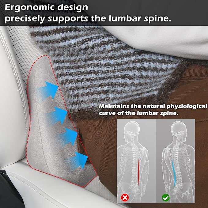 Lumbar Support Pillow for Car Lower Back Cushion, Gray, 2 Packs | Ergonomic Memory Foam Lumbar Pillow for Driving Seat, Office Chair, Gaming Chair, Lower Back Support for Back Pain Relief - Image 2