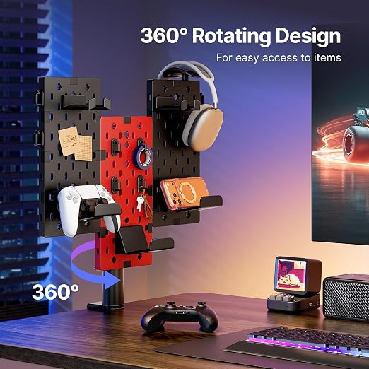 PEGZONE Modular Headphone and Controller Holder for Game, Clamp-on Pegboard, Rotatable Controller Stand with Cable Hooks, Gaming Accessory for Xbox PS5 PS4 Nintendo Switch, 3Pcs Pegboard, Red | Modular Desk Controller Stand with Cable Hooks - Image 5