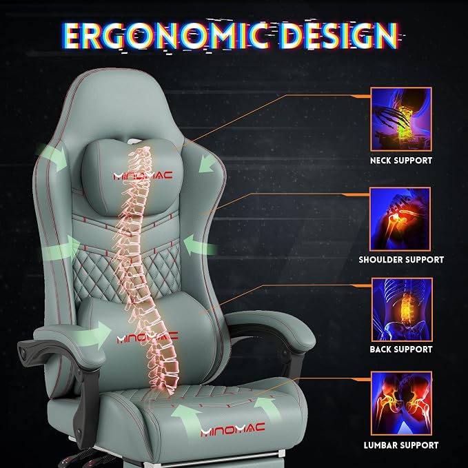 Gaming Chair,Ergonomic Computer Gaming Chair,400lb Load-Bearing,Retractable Footrest/Waist Support/Ergonomic Backrest[Spring + 4D Sponge] (Green) - Image 7