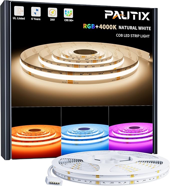 PAUTIX RGBW 4000K COB LED Strip Light 24ft/7.5m,UL Listed 24V Color Changing Tape Lights with 896LEDs/m Multicolor Flexible for TV,Bedroom,Party DIY Decoration(Power Supply & Controller Not Included) by PAUTIX