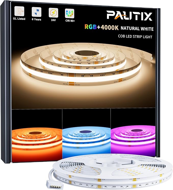 PAUTIX RGBW COB LED Strip Lights,UL Listed Dotless Bright LED Lights 4000K Natural White 20ft,24V Flexible Color Changing RGB Lights for Game Room,Bedroom,Party(Power Supply & Controller Not Included) by PAUTIX