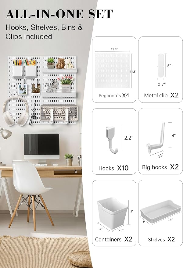 Pegboard Wall Organizer Set – 4 Peg Boards with Hooks & Shelves – Office, Kitchen, Gaming Room Desk Pegboard Storage – Peg Board Wall Display Rack (White) - Image 2