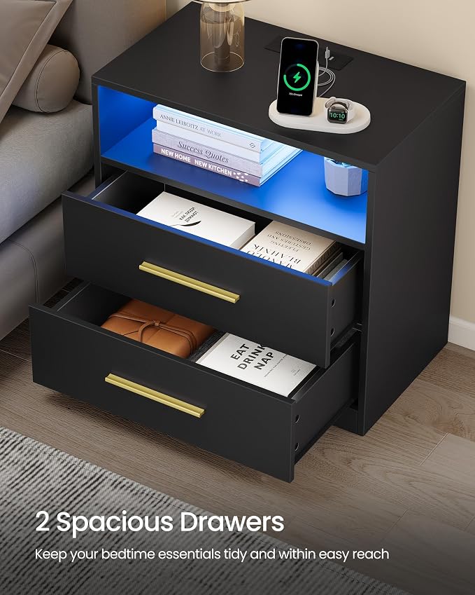 VASAGLE 23.6‑Inch Wide Nightstands, Set of 2, LED Lights, 2 Drawers - Image 6