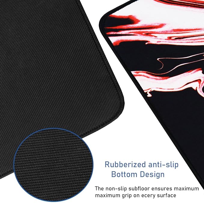 Large Extended Mouse Pad with Stitched Edges, Durable Non-Slip Natural Rubber Base, Waterproof Computer Keyboard Pad Mat for Esports Pros/Gamer/Desktop/Office/Home - Marble Red - Image 3