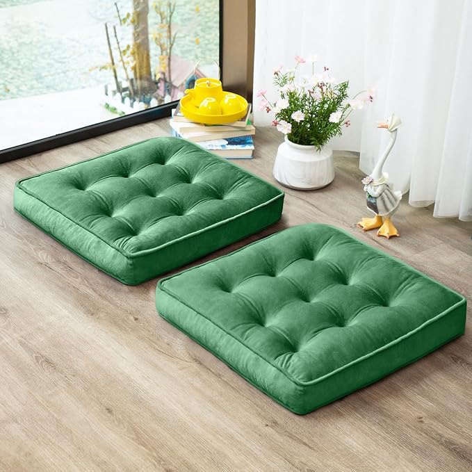 1 MIDDLE ONE Floor Pillow Set of 2, Memory Foam Meditation Cushion, Floor Cushions for Adults Sitting, Large Square Seat Cushions for Yoga, Living Room, 20x20 Inch (Green) by 1MIDDLEONE