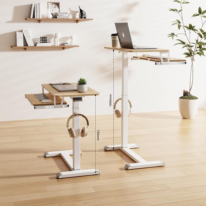 ETHU Height Adjustable Mobile Overbed Table with Keyboard Tray, Oak - Image 3