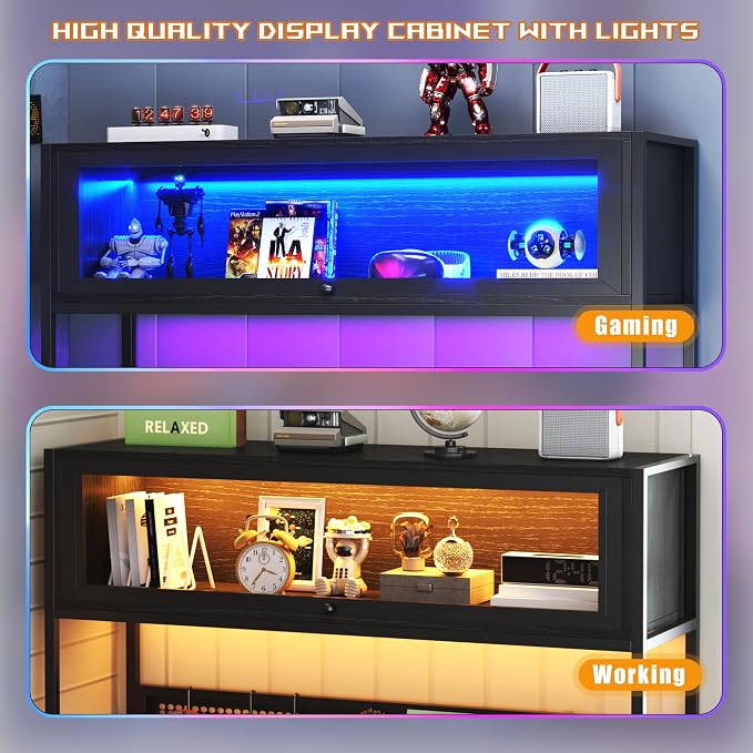 L Shaped Gaming Desk with Power Outlets & LED Lights, 49'' Reversible Computer Desk with Hutch & Pegboard & Display Cabinet, Corner Home Office Desk with Drawer & Keyboard Tray & Storage Bag, Black - Image 4