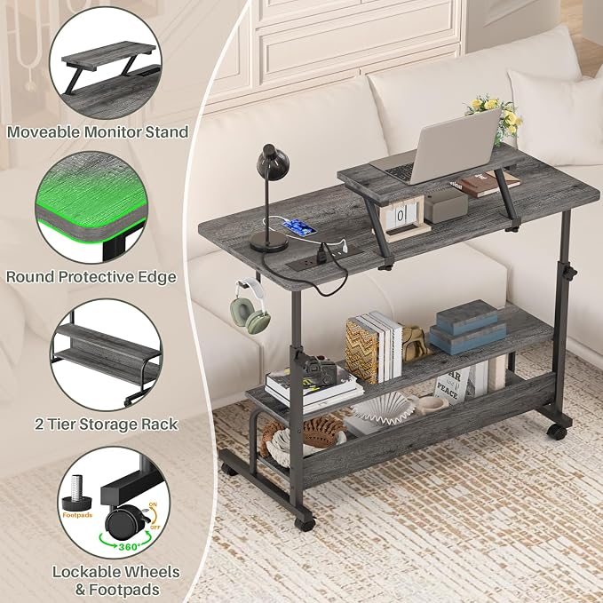 Height Adjustable Standing Desk with Power Outlets and LED Lights - 39" Manual Stand Up Desk with Monitor Stand and Storage Shelves Small Mobile Rolling Computer Desk Portable Laptop Table, Grey Oak - Image 6
