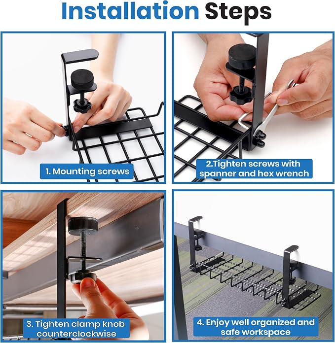 Under Desk Cable Management Tray, 16” No Drill Cord Organizer with Clamps for Wire Management, 4mm Sturdy Wire Desk Cable Organizer Tray, Cable Management Rack for Office - Image 7