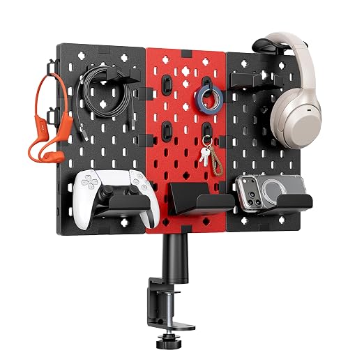 PEGZONE Modular Headphone and Controller Holder for Game, Clamp-on Pegboard, Rotatable Controller Stand with Cable Hooks, Gaming Accessory for Xbox PS5 PS4 Nintendo Switch, 3Pcs Pegboard, Red | Modular Desk Controller Stand with Cable Hooks by Pegzone