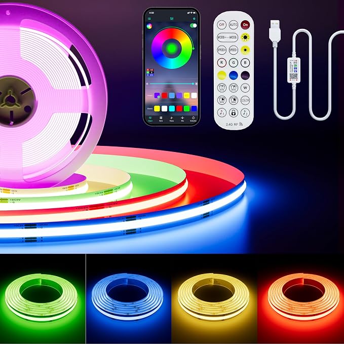 PAUTIX 5V USB COB RGB LED Strip Light 4.92ft/1.5m Color Changing Light Strips,TV Backlight Multicolor Flexible Under Cabinet Tape Lights with Bluetooth Control for Bedroom,Kitchen,Home DIY Lighting by PAUTIX
