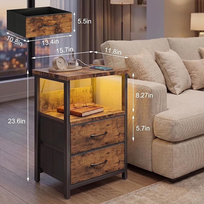 Fixwal Night Stand with Charging Station, Led Nightstand, 2 Fabric Drawers - Image 3