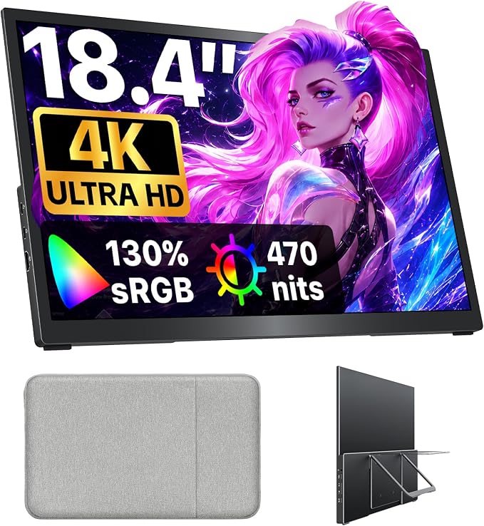 Upperizon Portable Monitor 18.4 inch 4K 3840X2160 130% sRGB 60Hz HDR HDMI USB-C Travel Monitor for Laptop MacBook PC Surface PS5 Xbox, Large External Display with Kickstand & Speakers, VESA Compatible by Upperizon