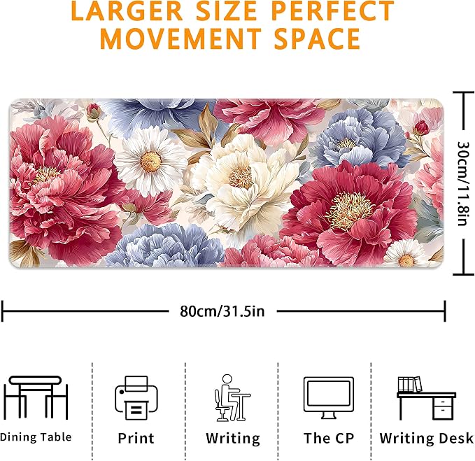 Japanese Minimalist Floral Desk Mat, XL 31.5"x11.8" Large Mouse Pad, Art Flowers Extended Gaming Mouse Mat,Non-Slip Rubber Base Waterproof with Stitched Edges for Gaming Office Home Decor - Image 3