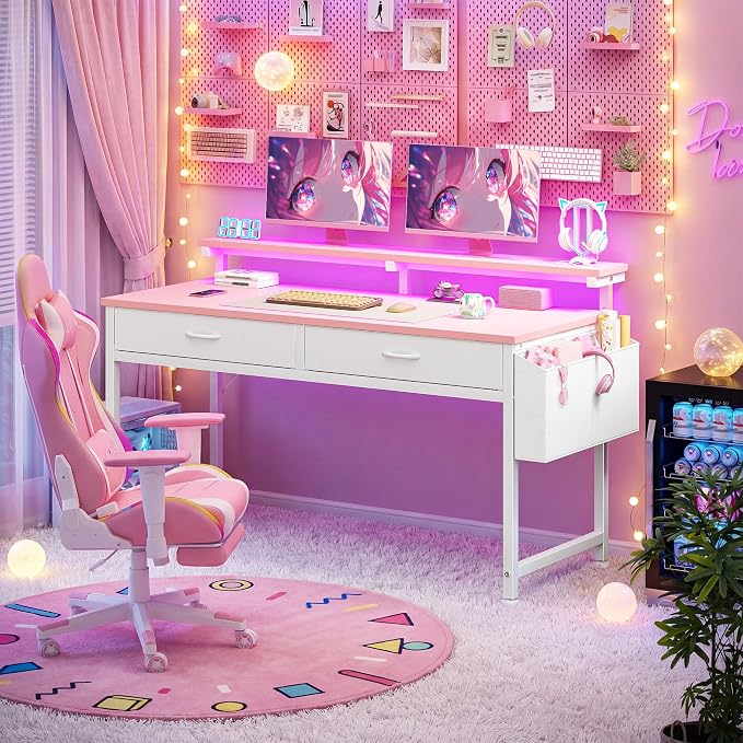 DurayLoly 47.3” Office Computer Desk with LED Lights&2 Fabric Drawers,Pink - Image 5