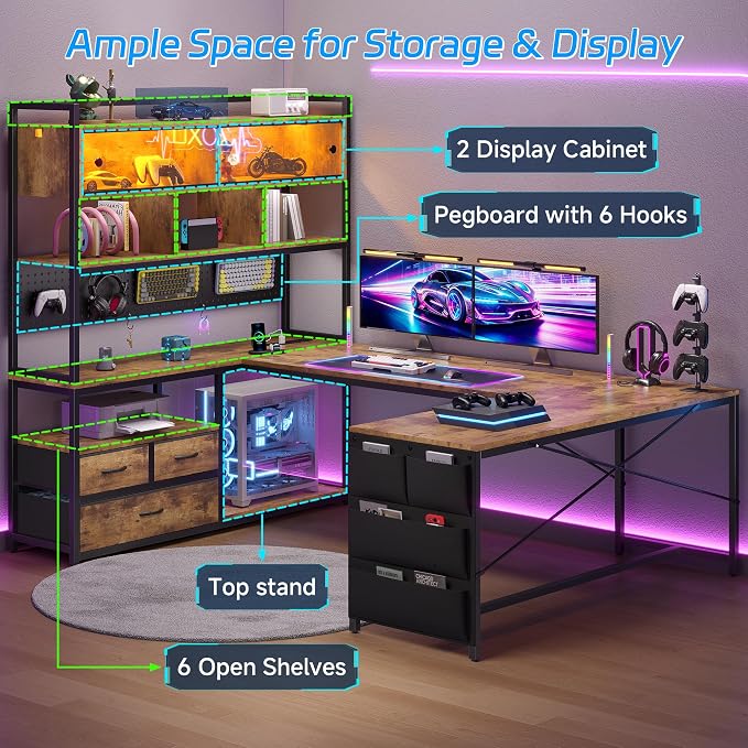 busyeah U-Shaped Gaming Desk with Storage Shelves & 3 Drawers, Rustic Brown | Reversible Computer Desk with LED Lights & Charging Station, Gaming Desk with Hutch and Pegboard for Home Office, Gamers - Image 3