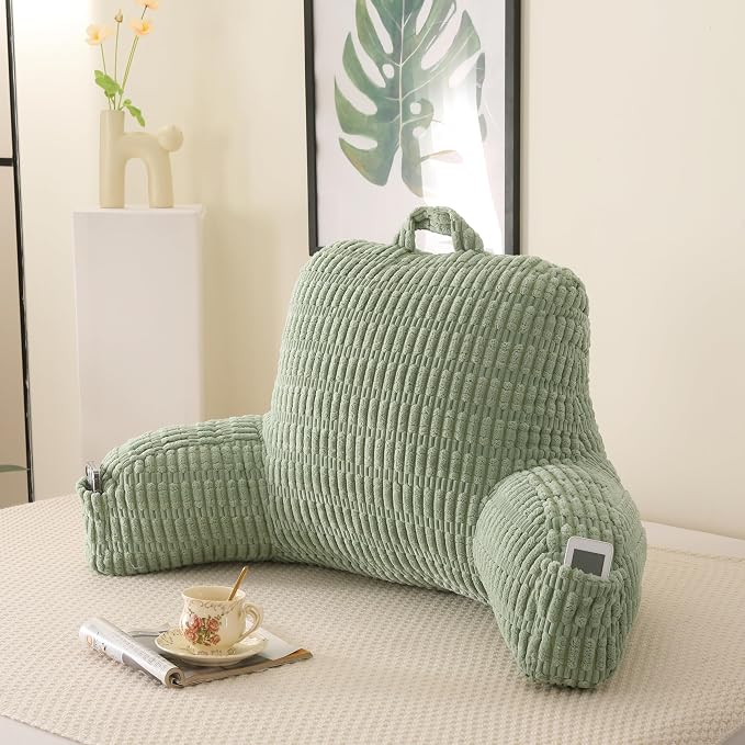Large Reading Pillow for Sitting Up with Arms,Green Corduroy | Back Pillow for Adults Backrest,19" Sitting Pillow Supports Reading,Gaming & Relaxing in Bed,Couch,Floor by PAJEO