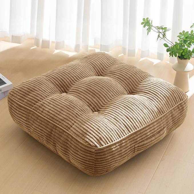 HIGOGOGO 6" Extra Thick Floor Pillow Cushion for Adults, Meditation Cushion Pillow, Large Square Floor Sitting, Tufted Corduroy Cover, for Tatami Living Room or Yoga, 22x22 Inch, Coffee by HIGOGOGO