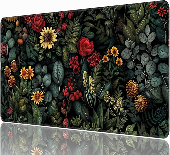 Floral Plant Desk Mat, XXL 35.4"x15.7" Large Mouse Pad, Dark Flower Extended Gaming Mouse Mat,Non-Slip Rubber Base Waterproof with Stitched Edges for Gaming Office Home Decor by Unknown