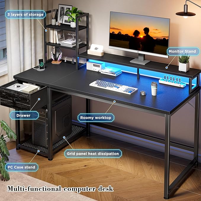 EnHomee 44" Gaming Desk with Hutch and Drawers,Black - Image 5