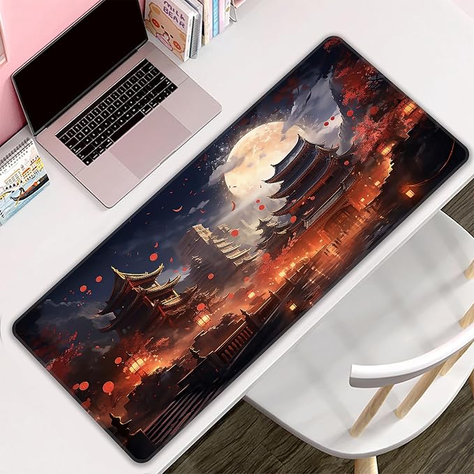 Japanese Desk Mat, XXL 35.4"x15.7" Large Mouse Pad, Full Moon Extended Gaming Mouse Mat,Non-Slip Rubber Base Waterproof with Stitched Edges for Gaming Office Home Decor - Image 8