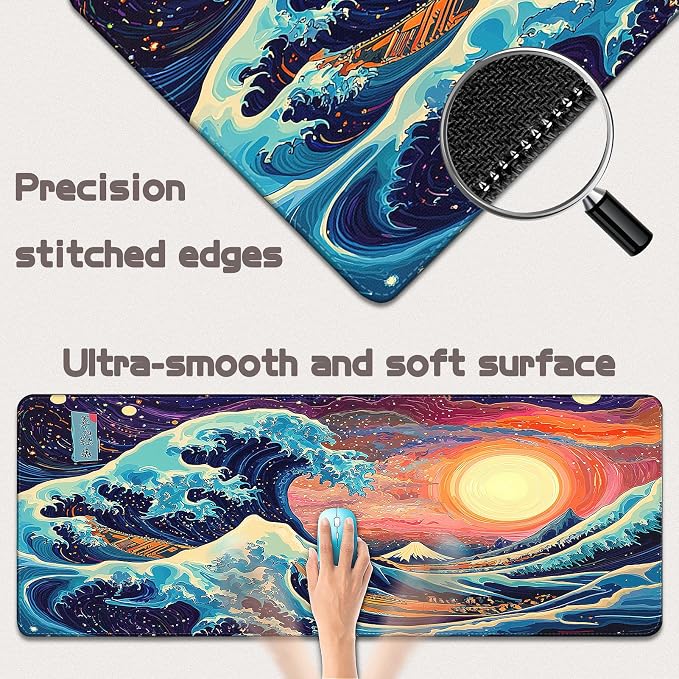 Mouse Pad Gaming - Desk Mat for Keyboard and Mouse - Kanagawa Large Mouse Pad for Desk, Japanese Sea Wave Mousepad (31.5" x 11.8") with Non-Slip Base, Desks Pad Mat for Gaming, Office and Home - Image 3