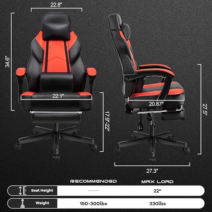 Gaming Chair with Footrest, Video Game Chair for Adults, Big and Tall Computer Chair with Massage Lumbar Support 330lb Weight Capacity, Ergonomic Adjustable Height and 360° Swivel Seat (Red) - Image 8