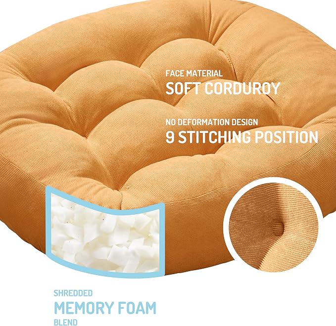 Meditation Cushions Set of 2, Large Floor Pillow for Adults, 22 Inch Round | Reading nook use, Zen relaxation, Tatami seating, Corduroy cover, 3.5 in thick, Shredded memory foam fill, Yellow yoga pad - Image 2