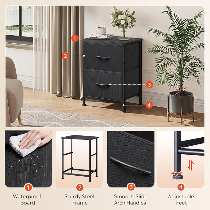 WLIVE Black Night Stand, Small Dresser with 2 Drawers & Wooden Top, Nightstand with Fabric Bins, Bedside Table End Table for Bedroom, Closet, Entryway, College Dorm, Charcoal Black - Image 6