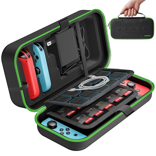 OIVO Switch OLED Carrying Case Compatible with Nintendo Switch & OLED, Portable Switch Travel Carry Case Fit for Joy-Con and Adapter, Hard Shell Protective Switch Pouch Bag with 20 Games, Green by OIVO