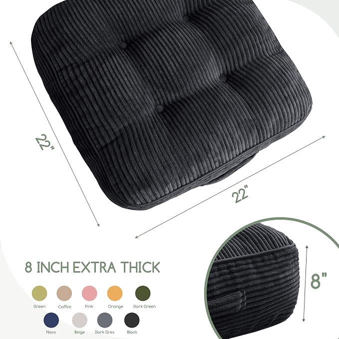 HIGOGOGO 8" Extra Thick Floor Pillow Cushion for Adults, Meditation Cushion Pillow, Large Square Floor Sitting, Tufted Corduroy Cover, for Tatami Living Room or Yoga, 22x22 Inch, 2Pack, Black - Image 2