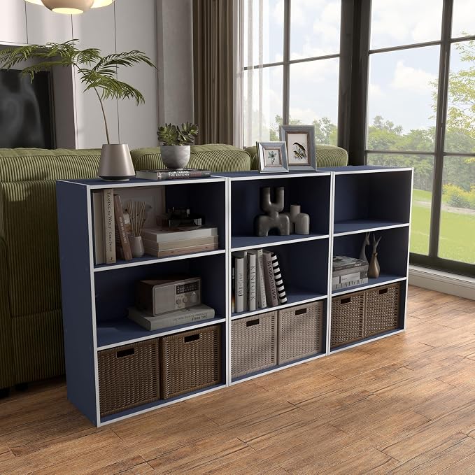 Homes: Inside + Out Apexa 3-Tier Cube Storage Organizer Shelves, Stackable Wood Bookcase Fits Cubby Bins for Organization, Dorm Teen Room Decor & Home Office, Steel Blue - Image 12