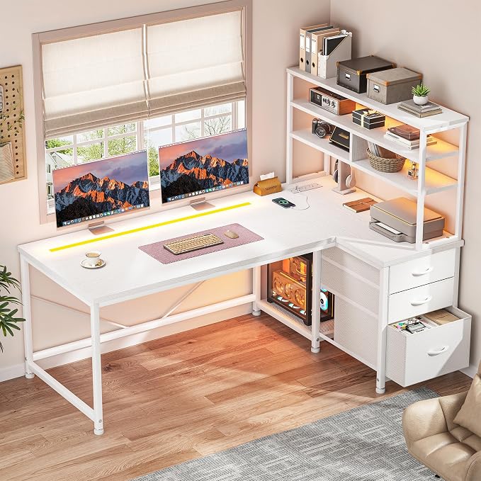 DurayLoly L Shaped White Desk with 3 Drawers,Shelf and PC Stand for Storage - Image 2