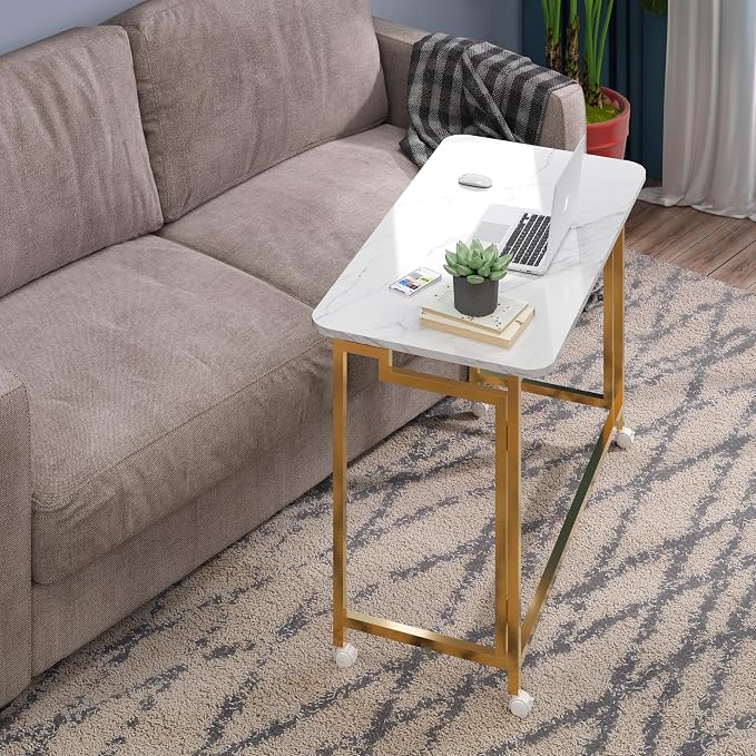 4NM 31.5" Mobile Small Rolling Computer Desk, Folding Laptop Cart Table with Wheels, Portable Office Desk for Small Space Couch Bed - White and Golden - Image 4