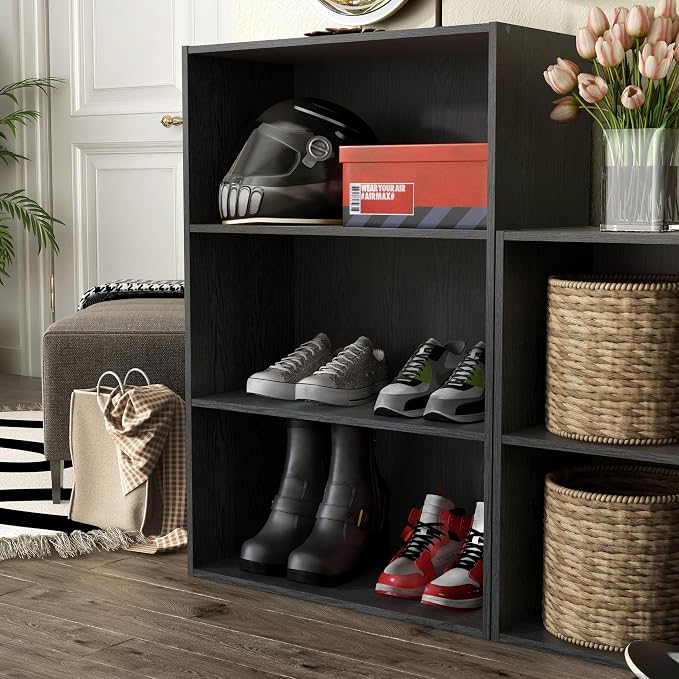 Homes: Inside + Out Apexa 3-Tier Cube Storage Organizer Shelves, Stackable Wood Bookcase Fits Cubby Bins for Organization, Dorm Teen Room Decor & Home Office, Black - Image 2