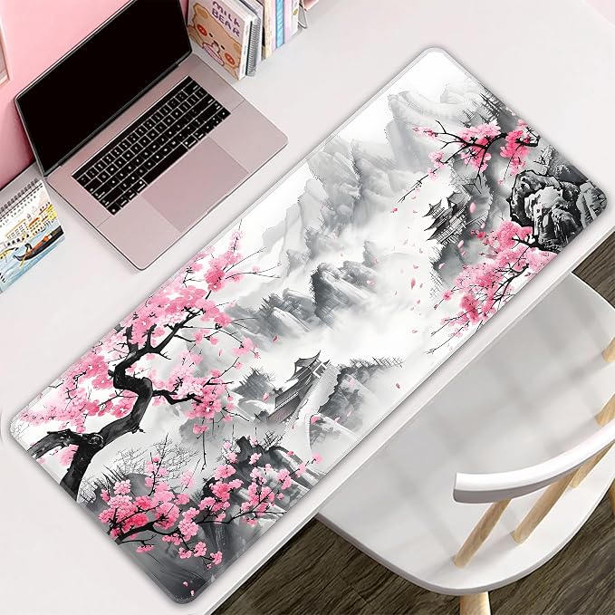 Japanese Watercolor Cherry Blossoms Desk Mat, XXL 35.4"x15.7" Large Mouse Pad, Pink Sakura Extended Gaming Mouse Mat,Non-Slip Rubber Base Waterproof with Stitched Edges for Gaming Office Home Decor - Image 8